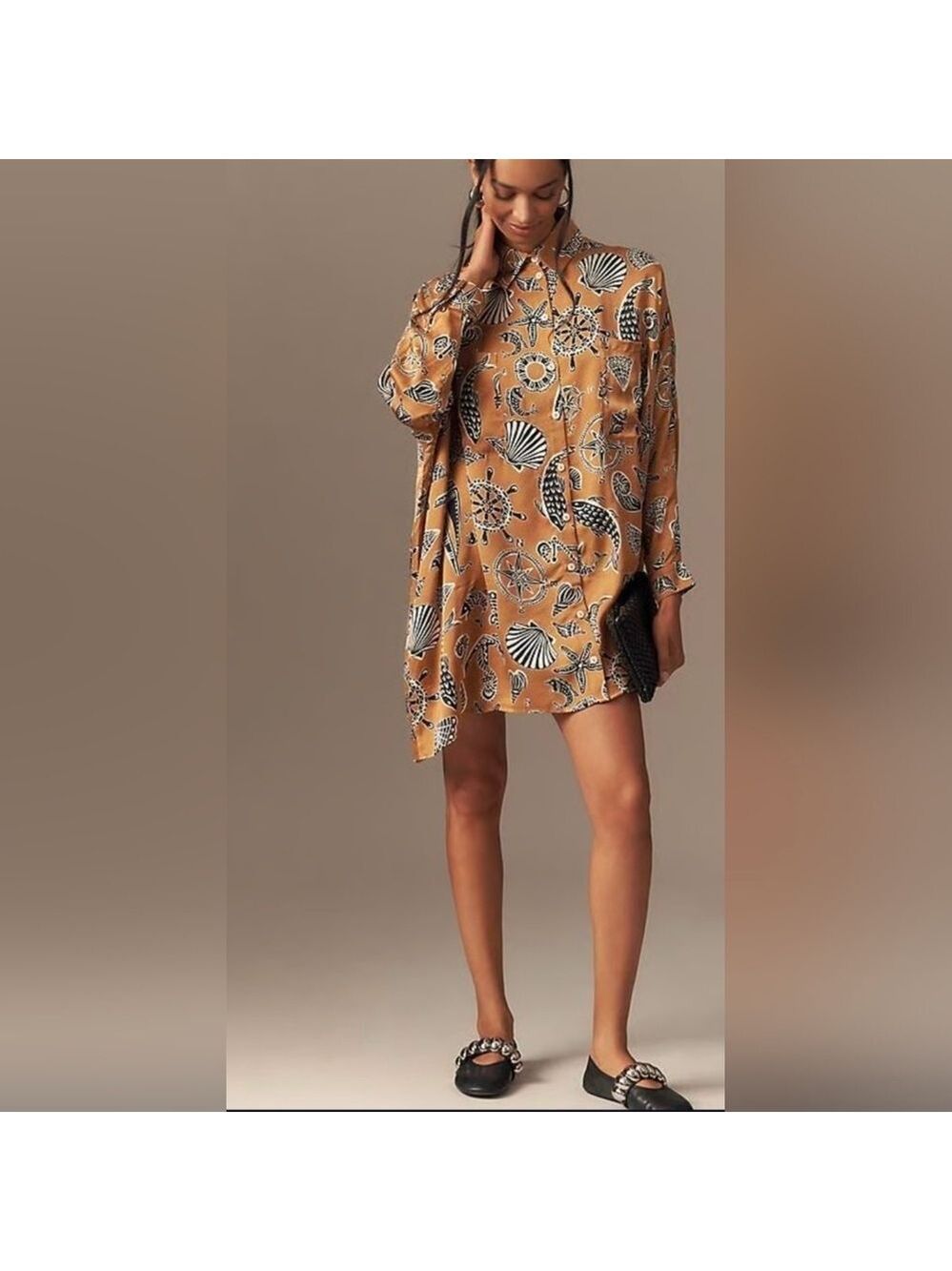 Corey Lynn Calter X Anthropologie long-sleeve printed mini shirt dress Sz. Small